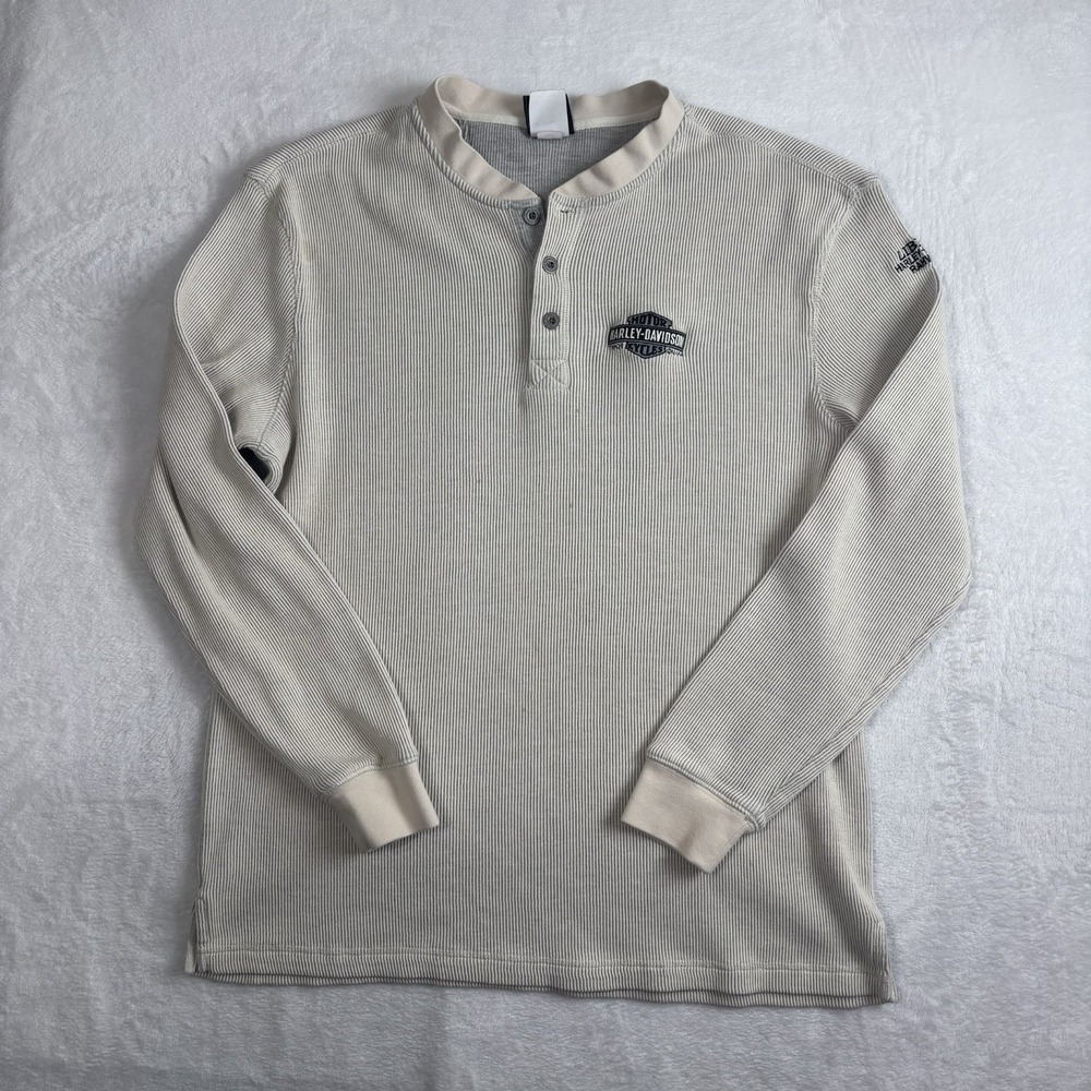 Y2K Harley-Davidson Beige‎ Long Sleeve Henley Thermal Shirt Distressed Men's XL